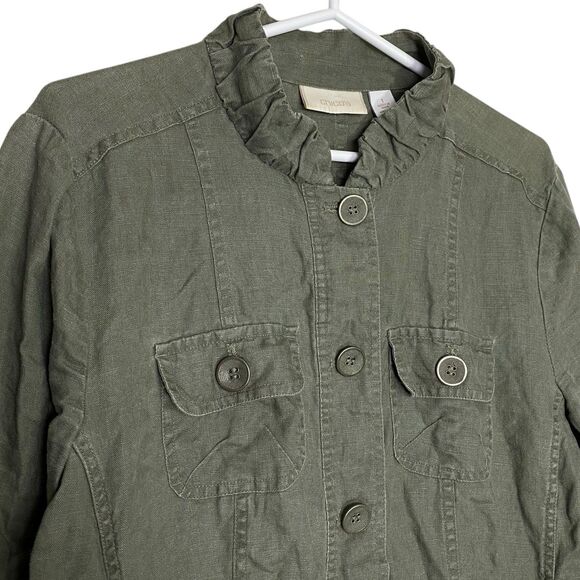 Chicos Linen Jacket Womens 1 Medium Olive Green 3/4 Sleeve Pockets Military - Picture 4 of 7